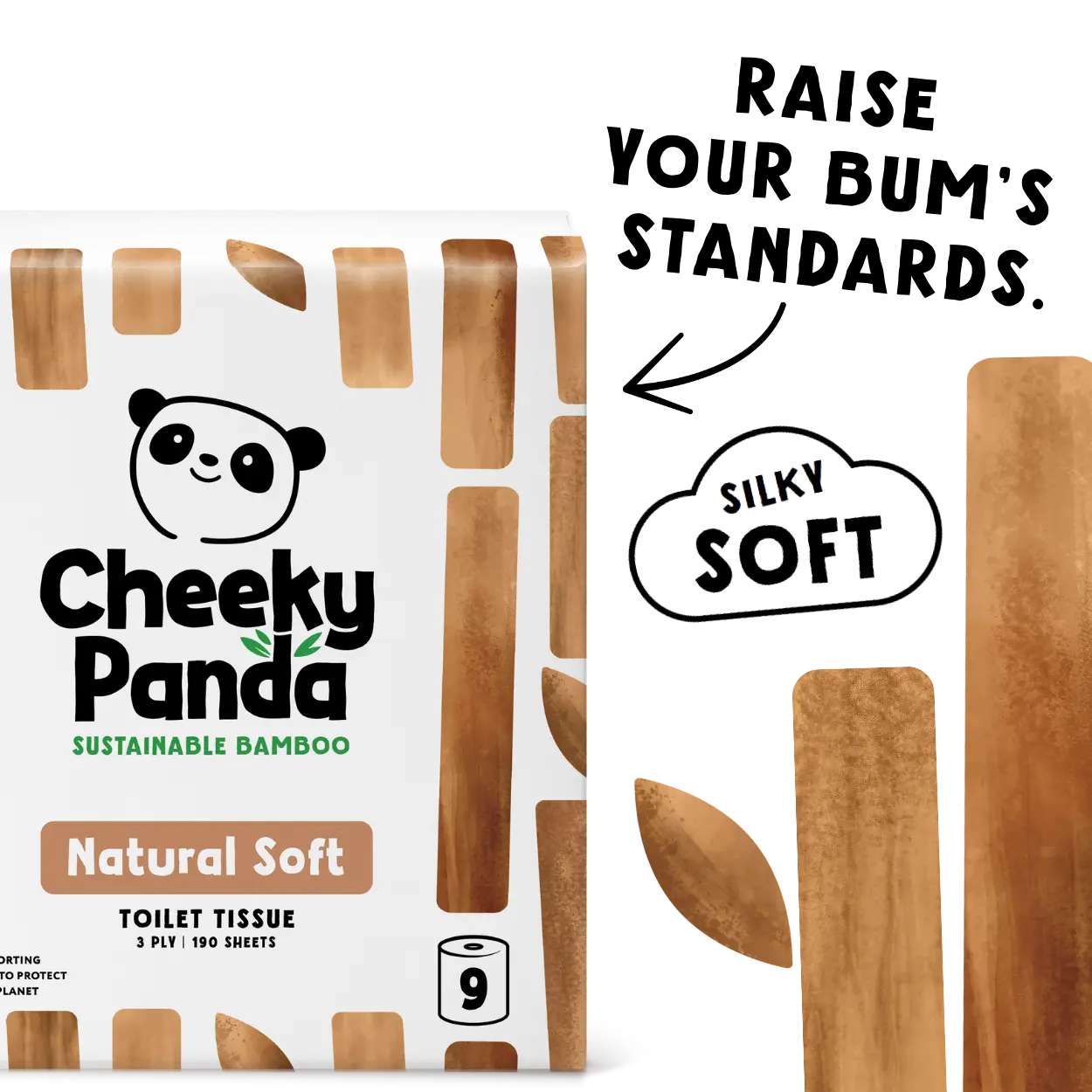 Cheeky Panda toilet paper packaging with a panda logo and text about softness.