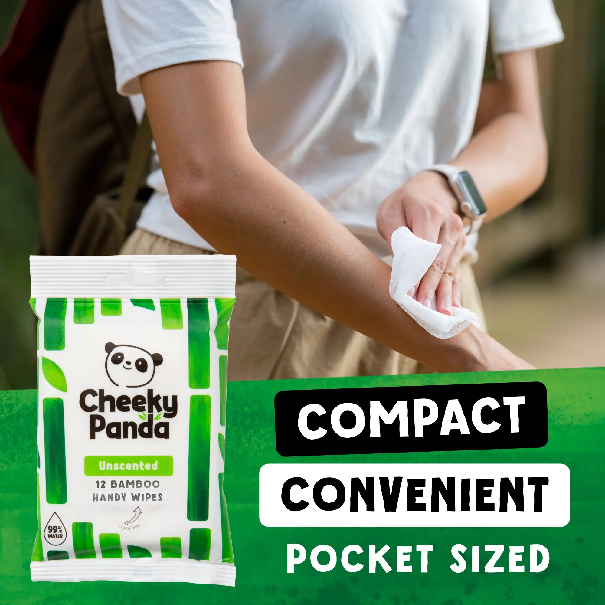 Person wiping arm with a Cheeky Panda wipe, with text 'Compact, convenient, pocket sized'.