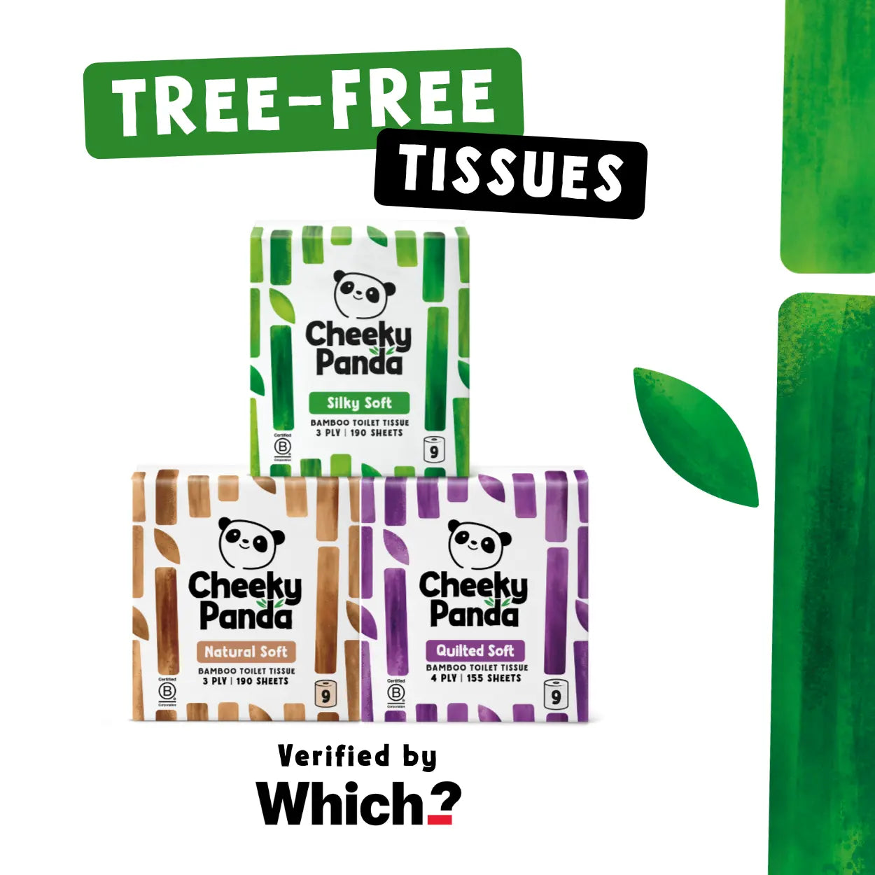 Three packs of Cheeky Panda tree-free tissues arranged on a white background with green bamboo graphics and text reading 'TREE-FREE TISSUES' and 'Verified by Which?'. Packs show silky soft, natural soft, and quilted soft options with panda logos and bamboo stripe designs.