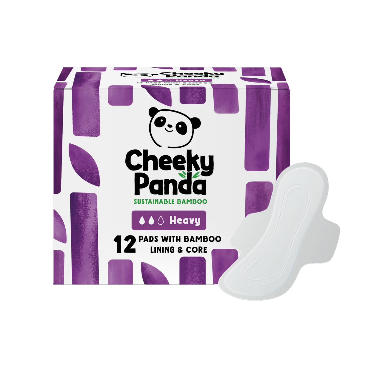 Cheeky Panda sustainable bamboo heavy flow pads packaging with a white pad on a black background