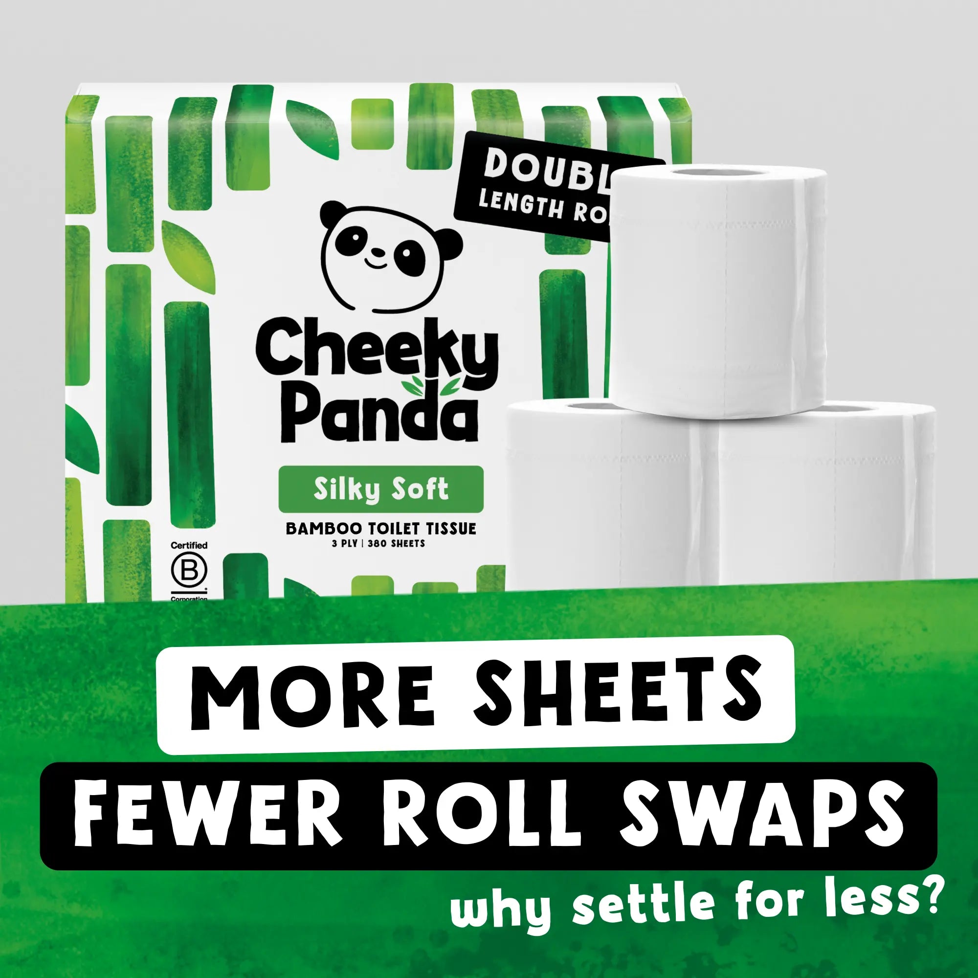 Cheeky Panda toilet tissue pack and rolls, promoting 'More sheets, fewer roll swaps' for convenience.