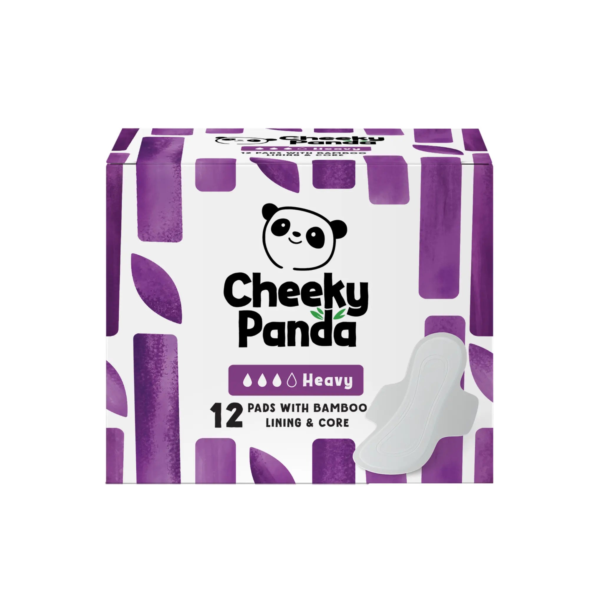 A box of Cheeky Panda heavy flow bamboo period pads with a pad shown outside the box.
