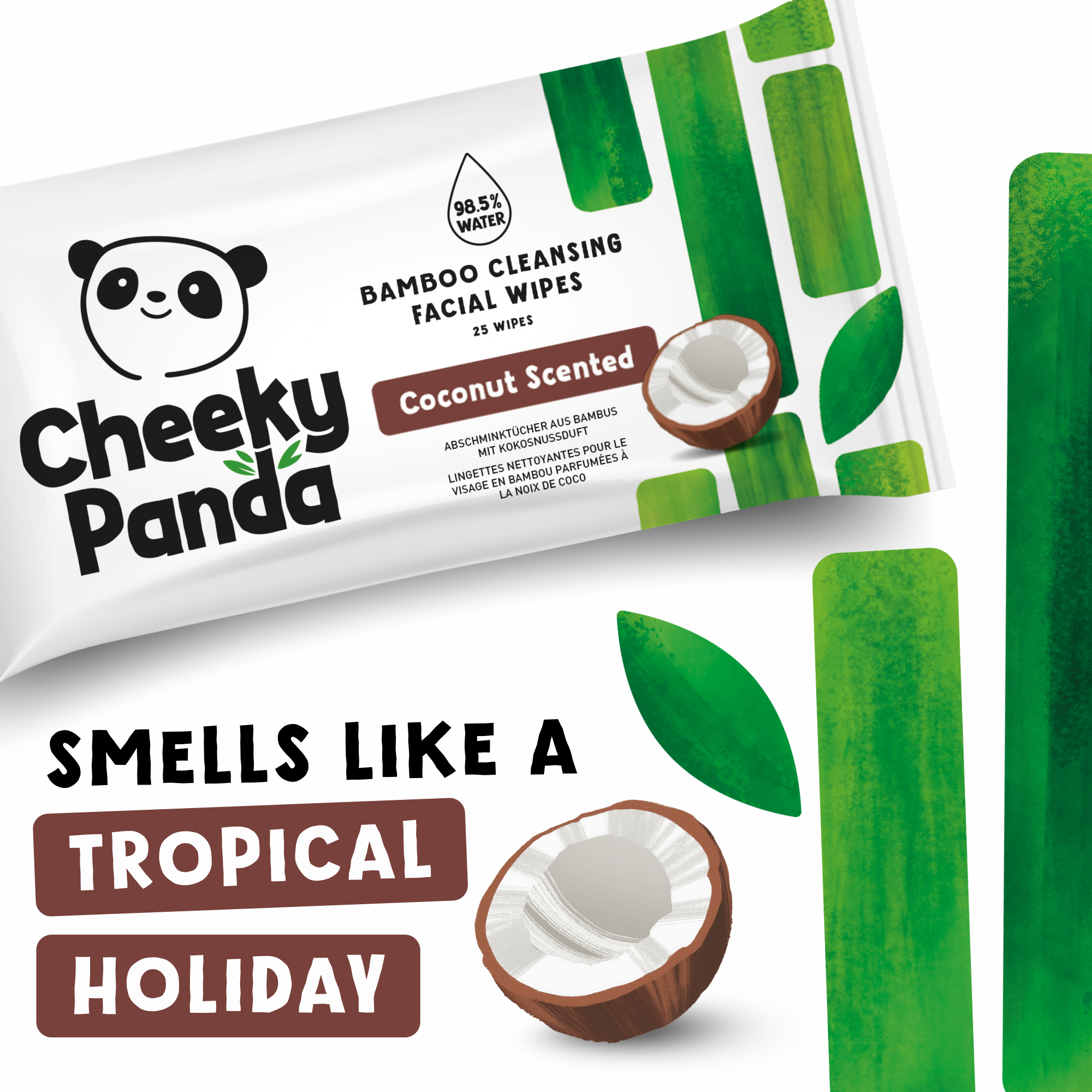 Cheeky Panda coconut facial wipes packaging with text 'Smells like a tropical holiday'.