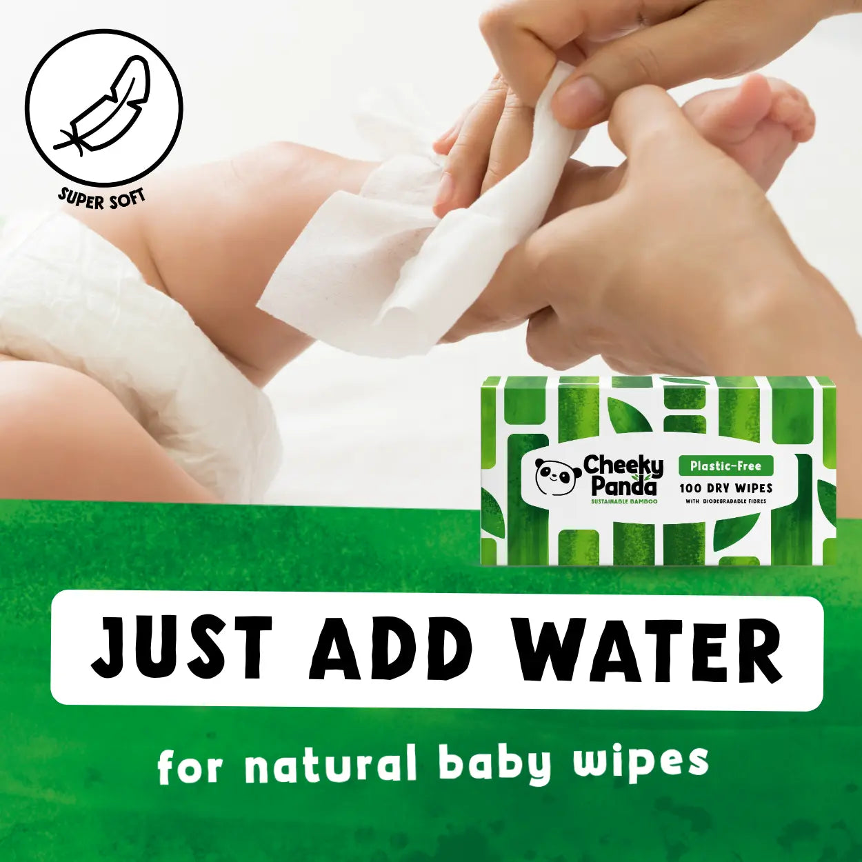 Baby wipes being used and Cheeky Panda dry wipes packaging