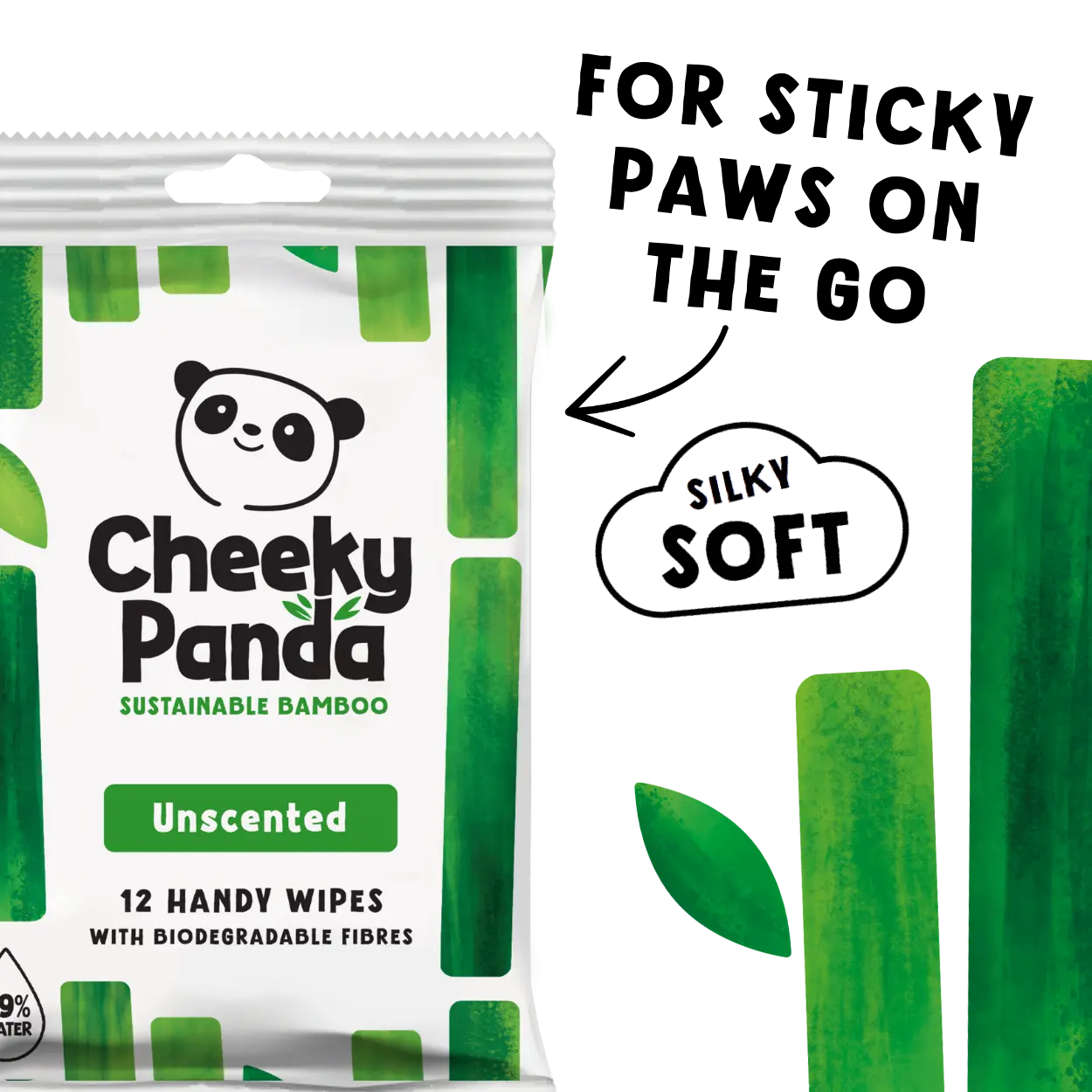 Cheeky Panda sustainable bamboo wipes packaging with text 'For sticky paws on the go' and 'Silky Soft'.