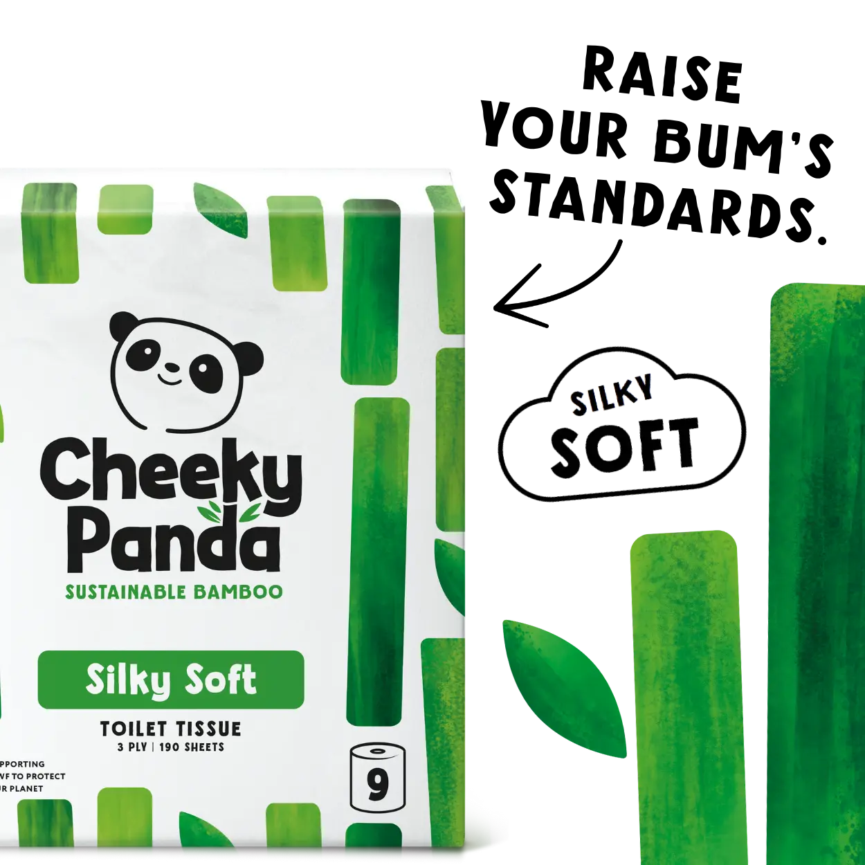 Cheeky Panda sustainable bamboo toilet tissue packaging with text 'Raise your bum's standards' and 'Silky Soft'.