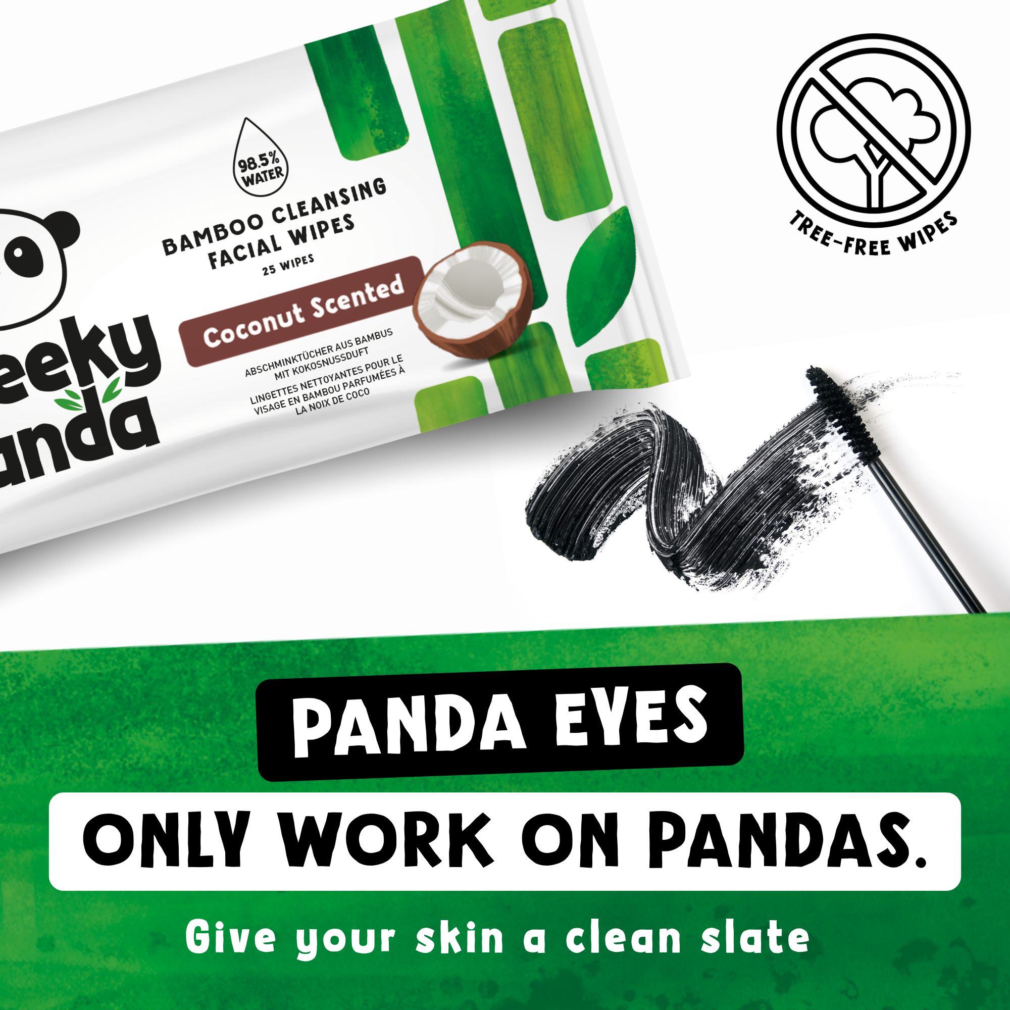 Cheeky Panda coconut facial wipes next to a mascara wand, with text 'Panda eyes only work on pandas'.