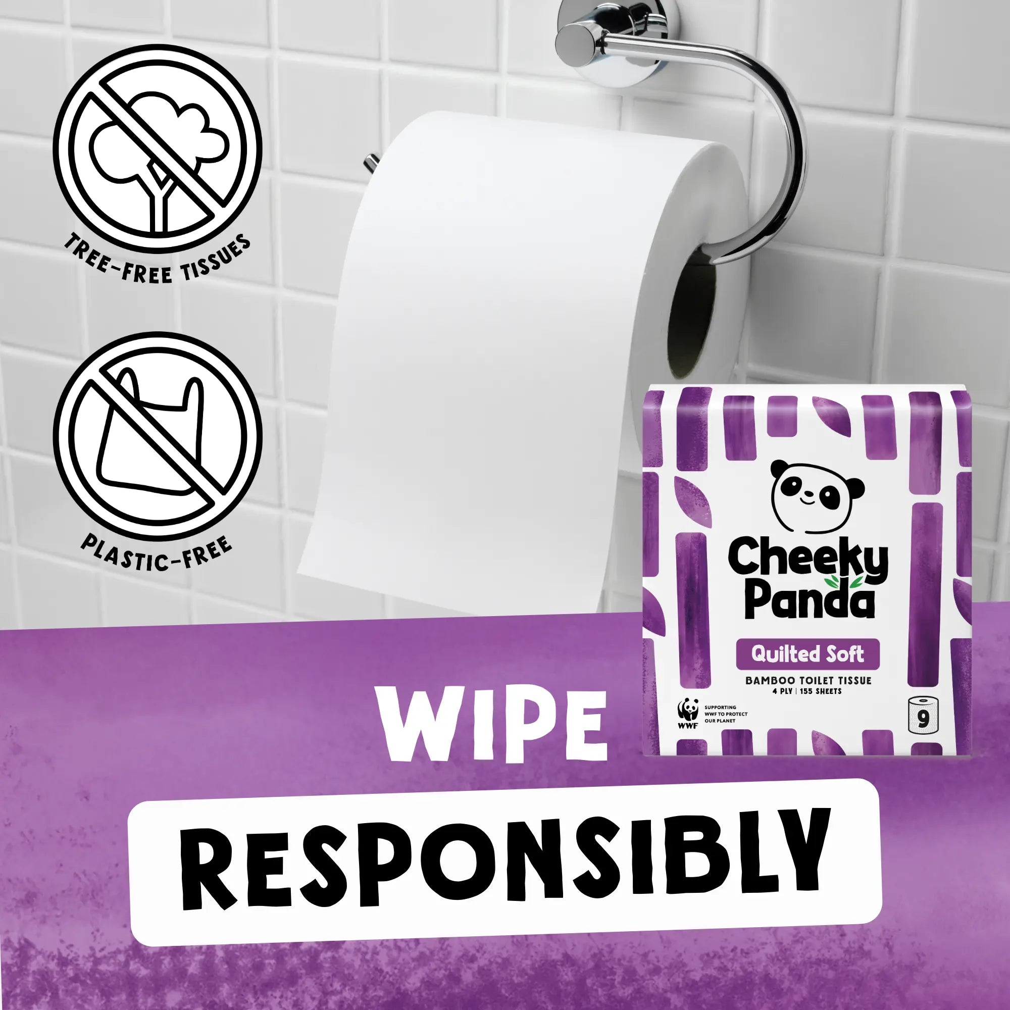 Cheeky Panda Quilted Soft toilet tissue on a holder with 'Wipe Responsibly' text.