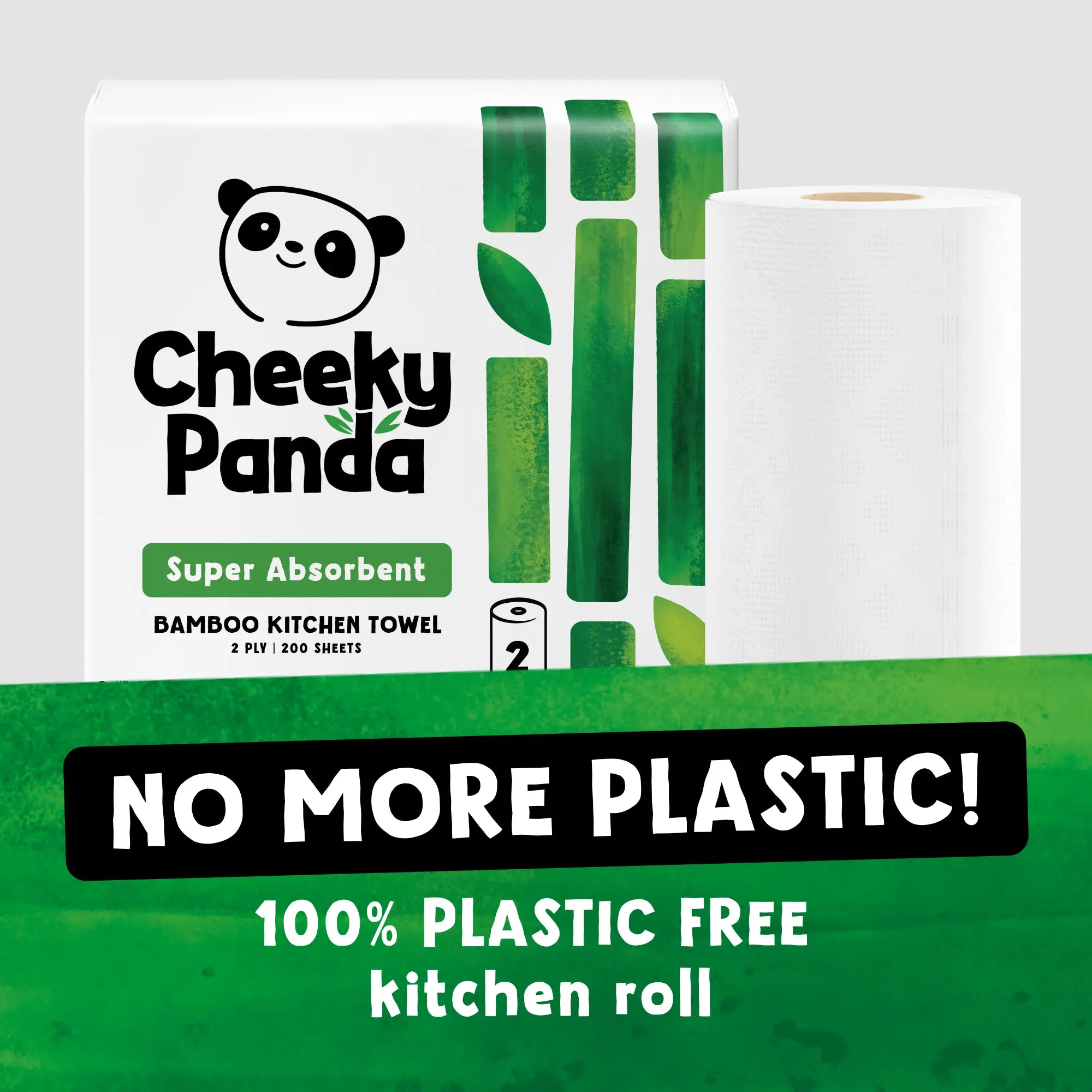 Cheeky Panda kitchen towel packaging and roll with text 'No more plastic! 100% plastic free kitchen roll'.