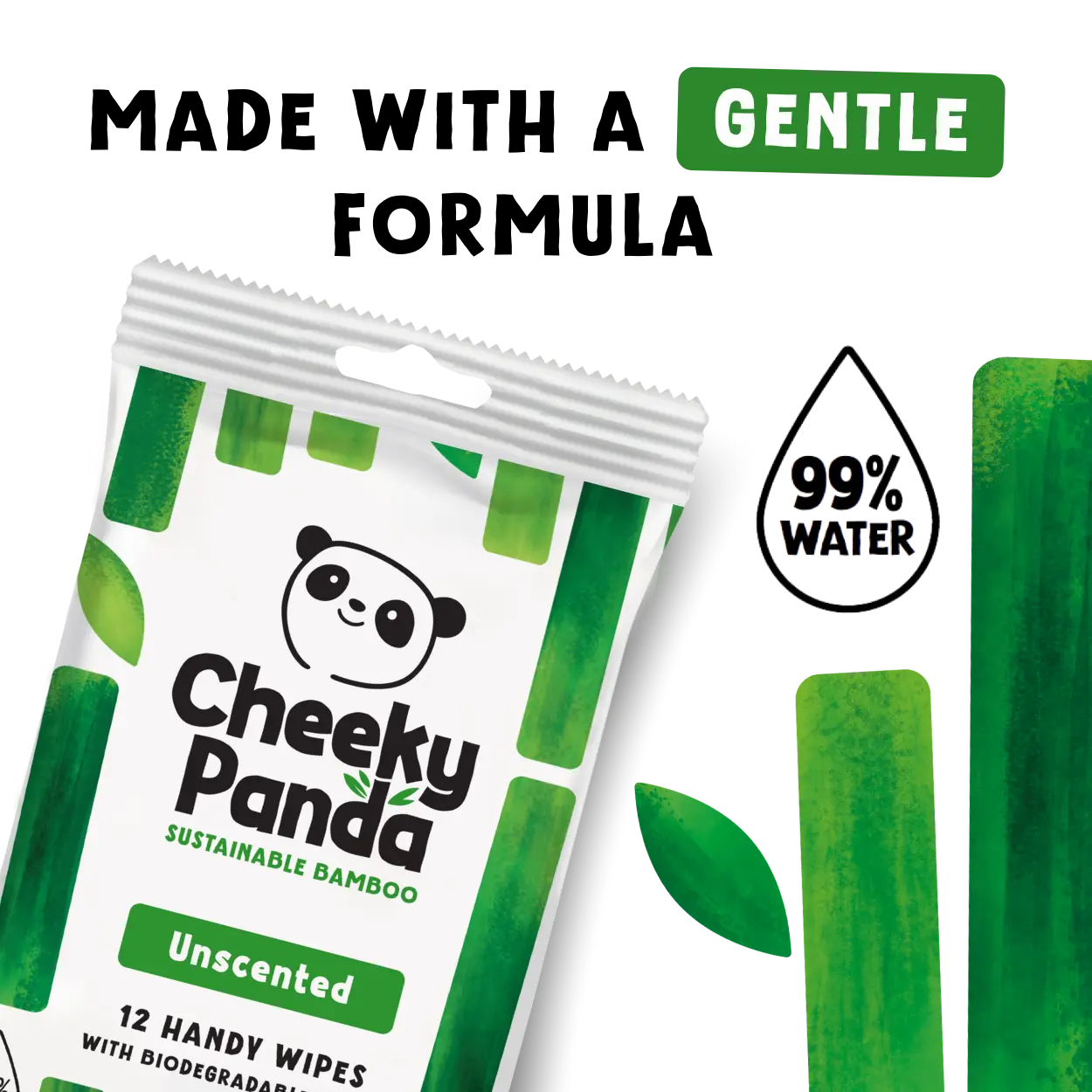 Cheeky Panda sustainable bamboo wipes packaging with green and white design.