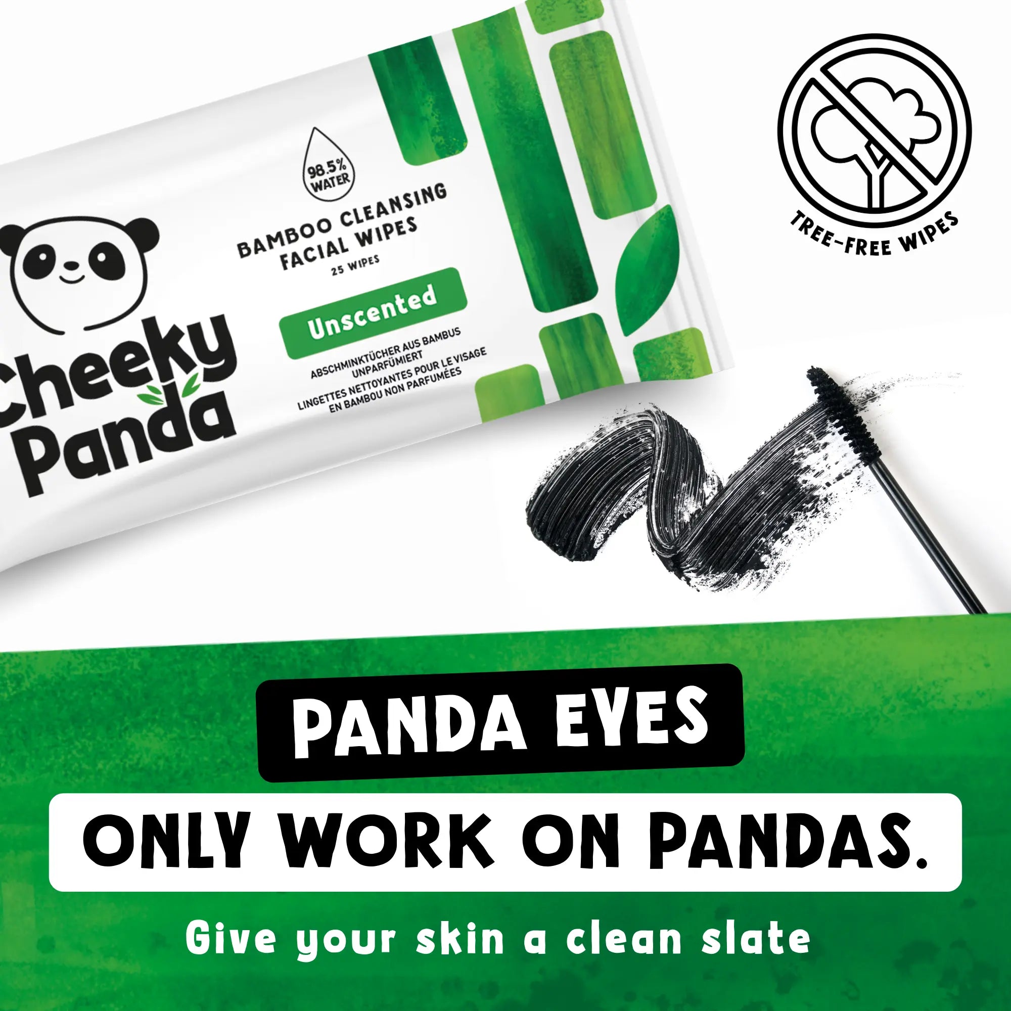 Cheeky Panda unscented facial wipes next to a mascara wand, with text 'Panda eyes only work on pandas'.