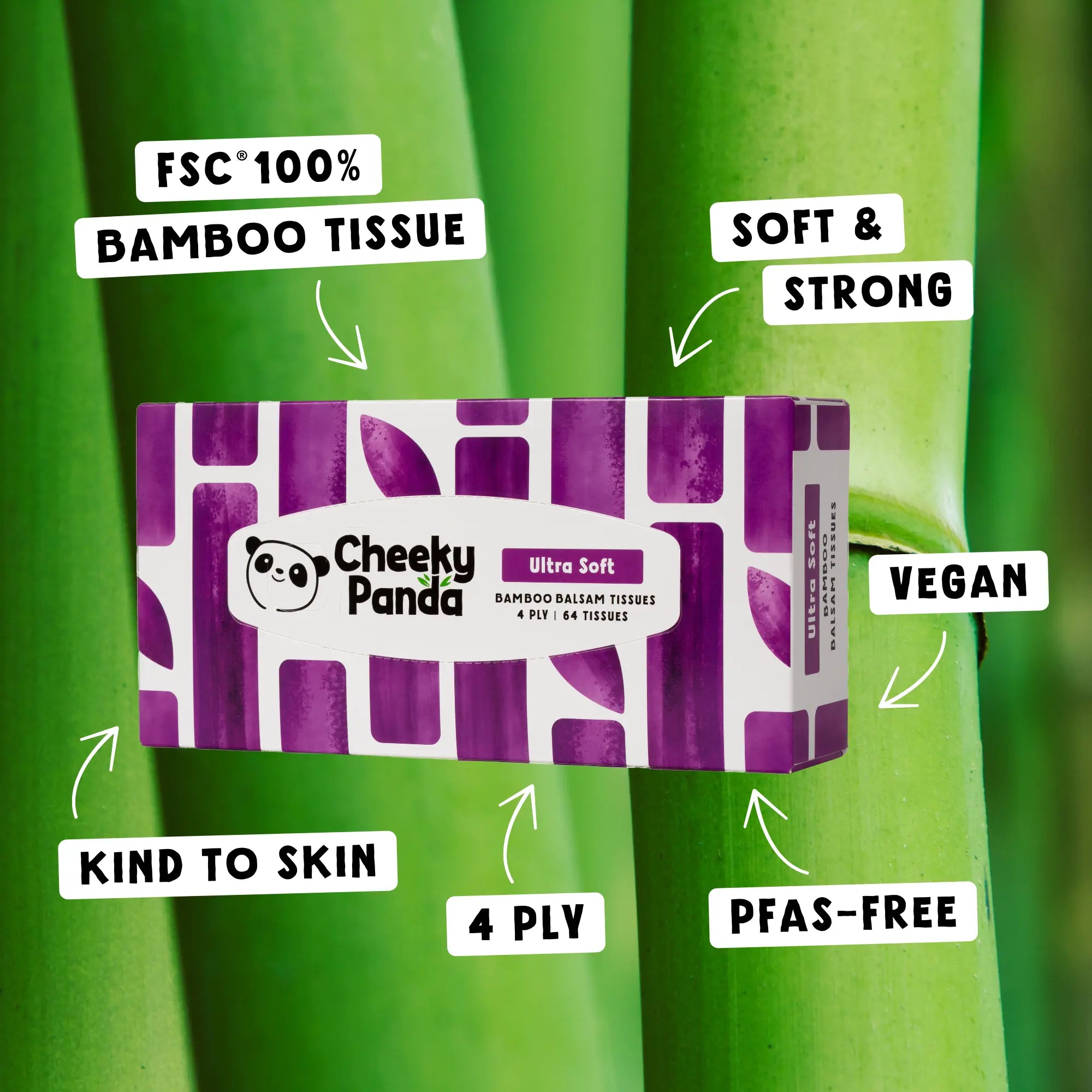 A box of Cheeky Panda Ultra Soft tissues with text highlighting its FSC 100% bamboo, soft, strong, vegan, kind to skin, 4 ply, and PFAS-free qualities.