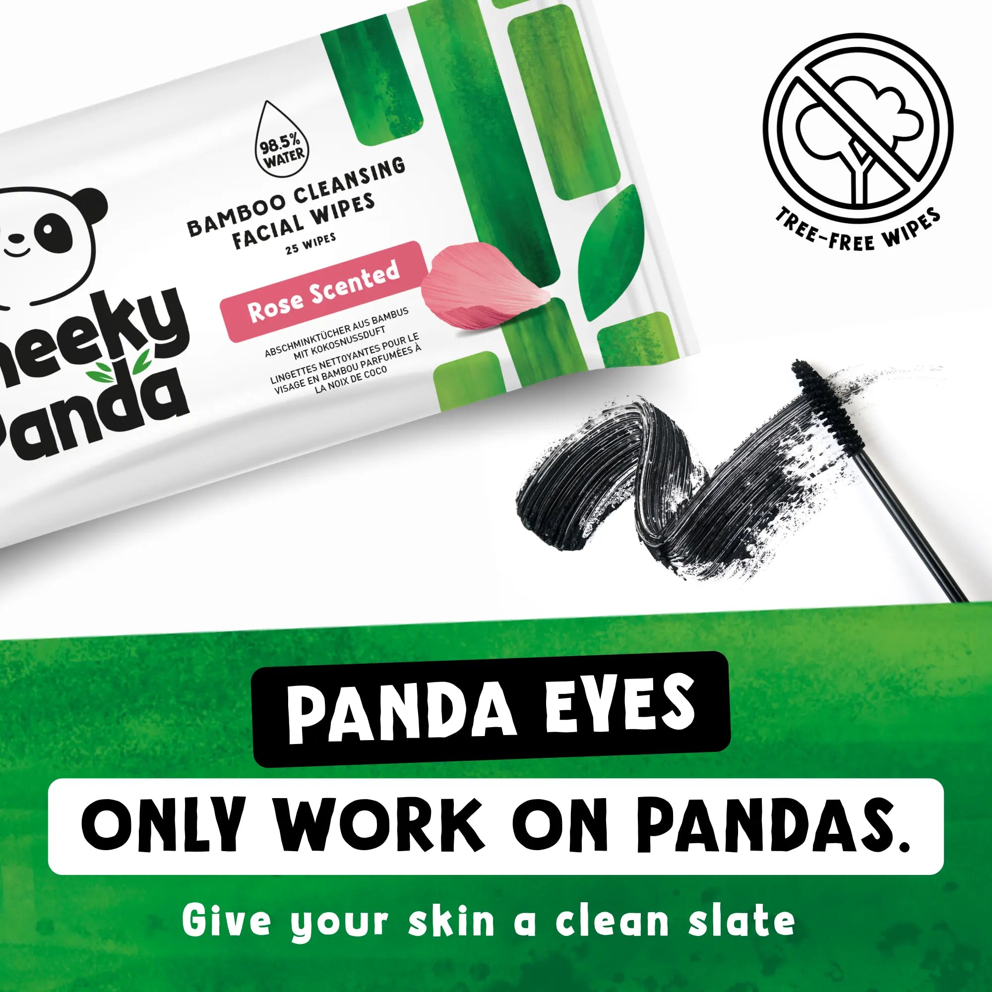 Cheeky Panda rose scented facial wipes next to a mascara wand, with text 'Panda eyes only work on pandas'.