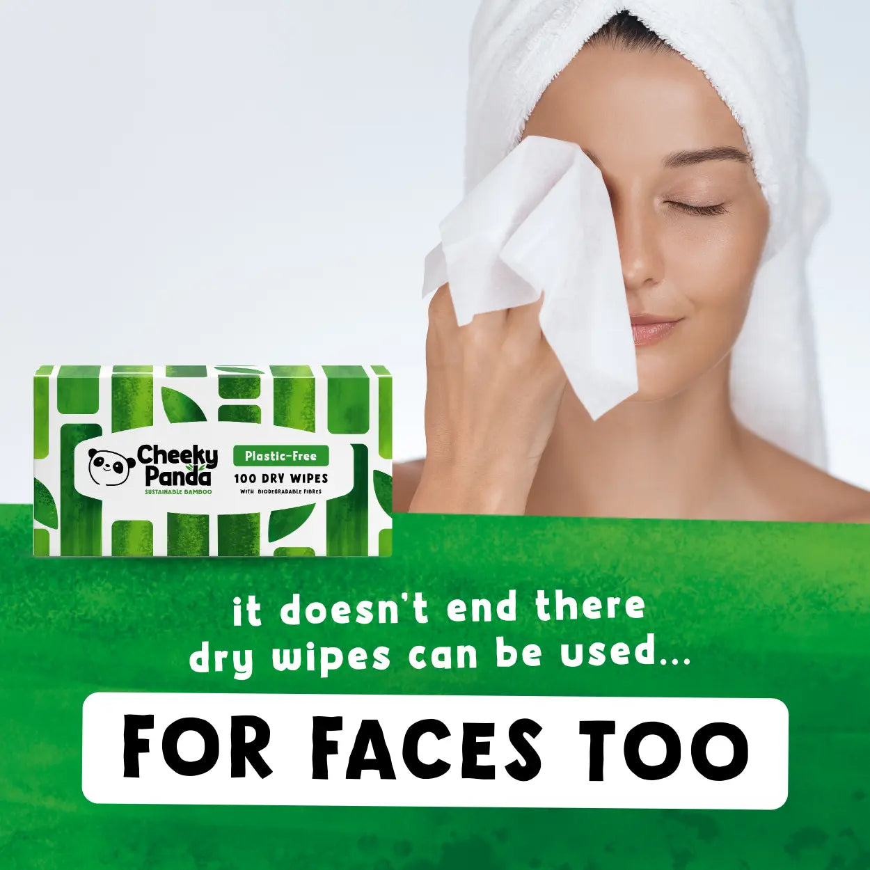 Cheeky Panda plastic-free dry wipes with a woman using them on her face.