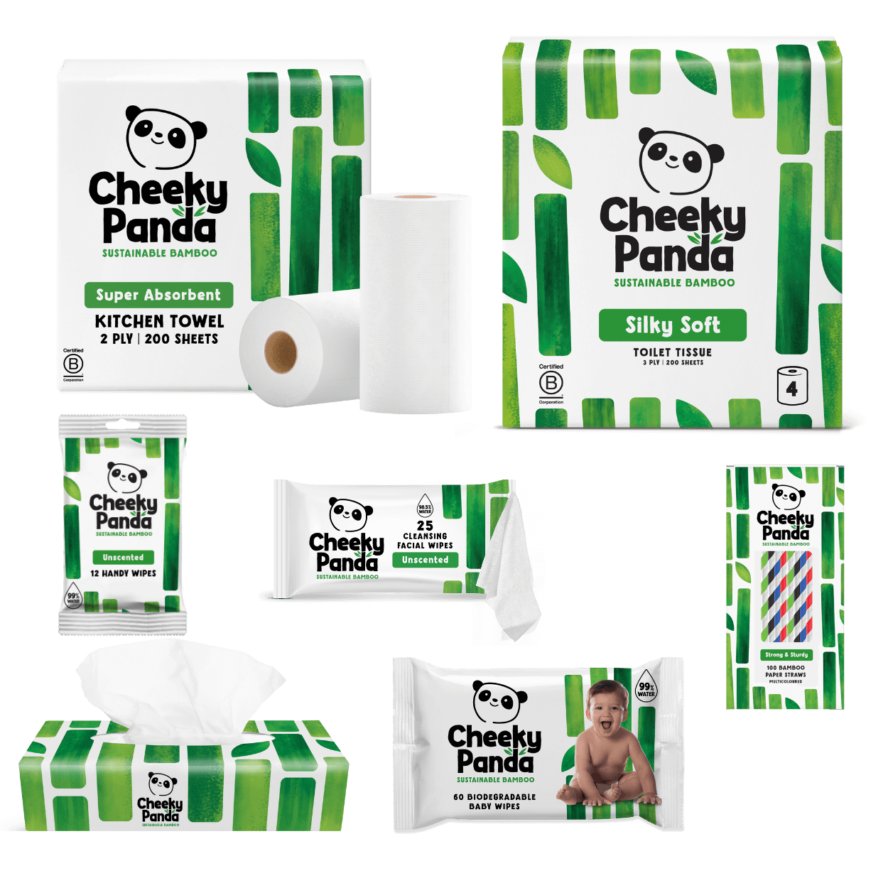 Collection of Cheeky Panda products including kitchen towels, toilet tissue, wipes, and hand wipes on a black background.