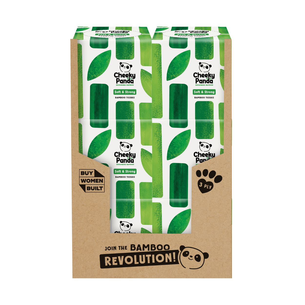 Cheeky Panda bamboo tissue boxes packaging with green leaves and brown cardboard