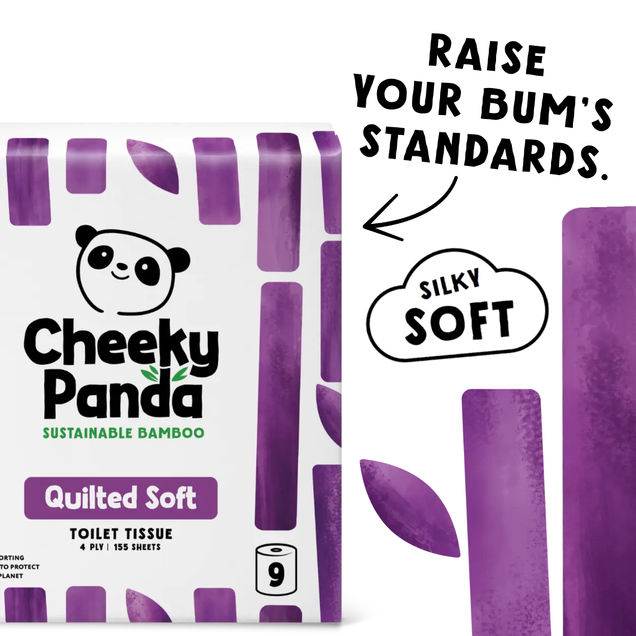 Cheeky Panda quilted toilet paper packaging with purple packaging and branding elements.