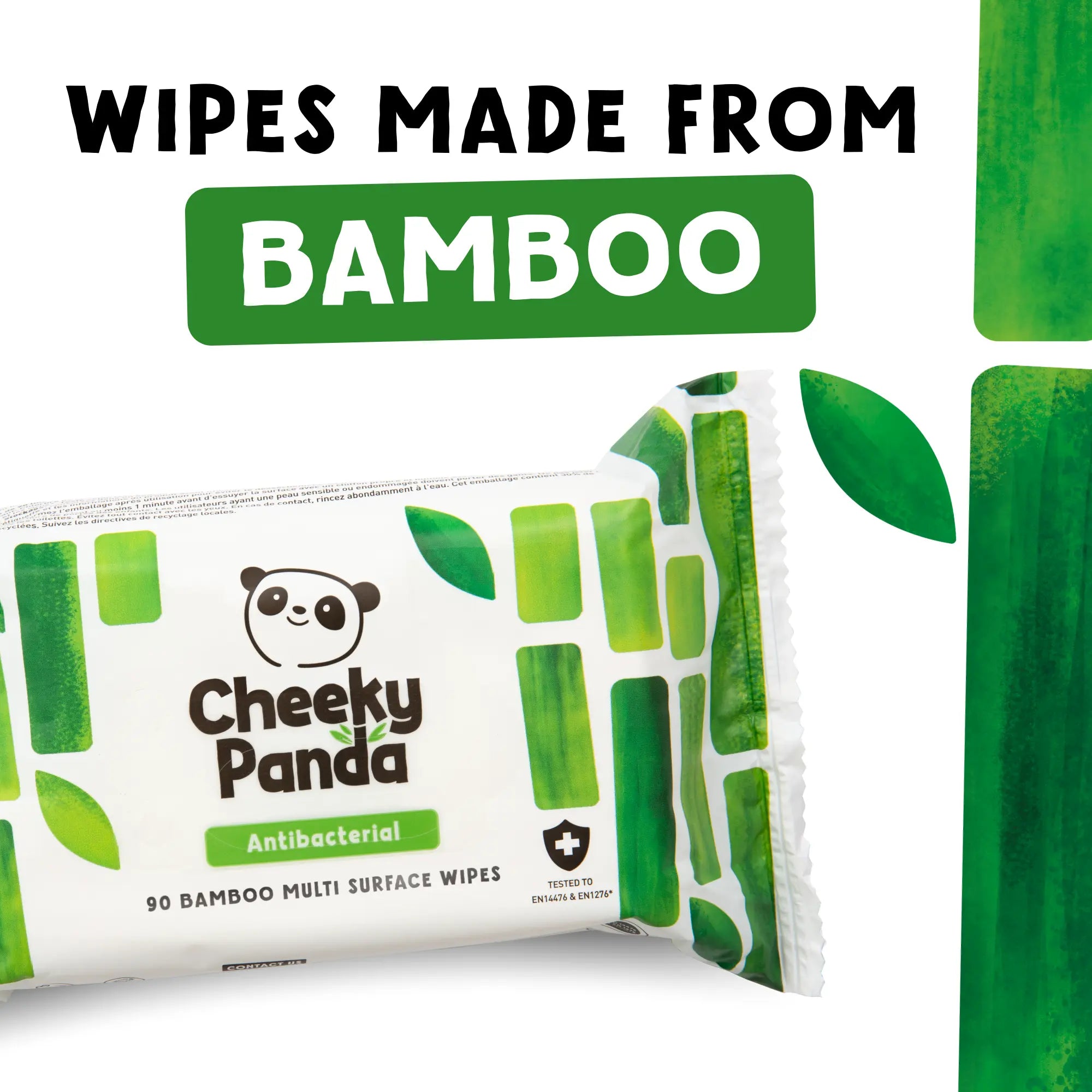 Cheeky Panda antibacterial wipes with text 'Wipes made from bamboo'.