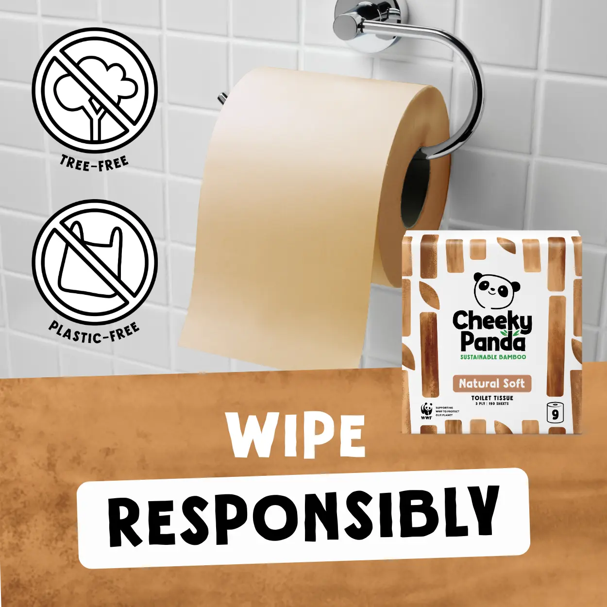 Roll of Cheeky Panda unbleached bamboo toilet paper on a holder with packaging and 'Wipe Responsibly' text.