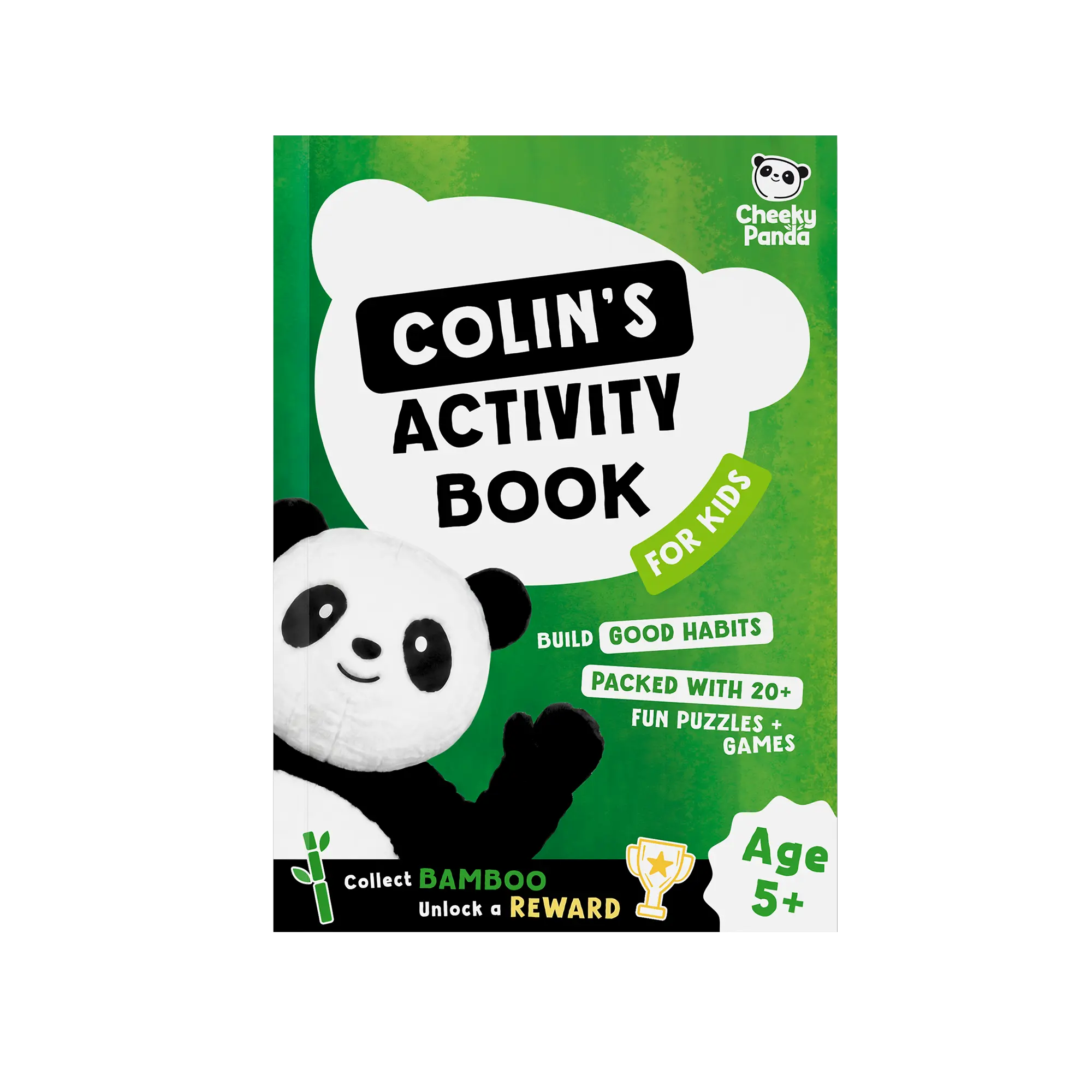 Colins activity book for kids featuring a panda illustration on a green background