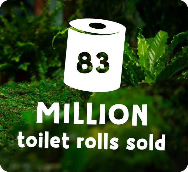  Toilet paper roll with number 83 and text '83 million toilet rolls sold' on a green leafy background 