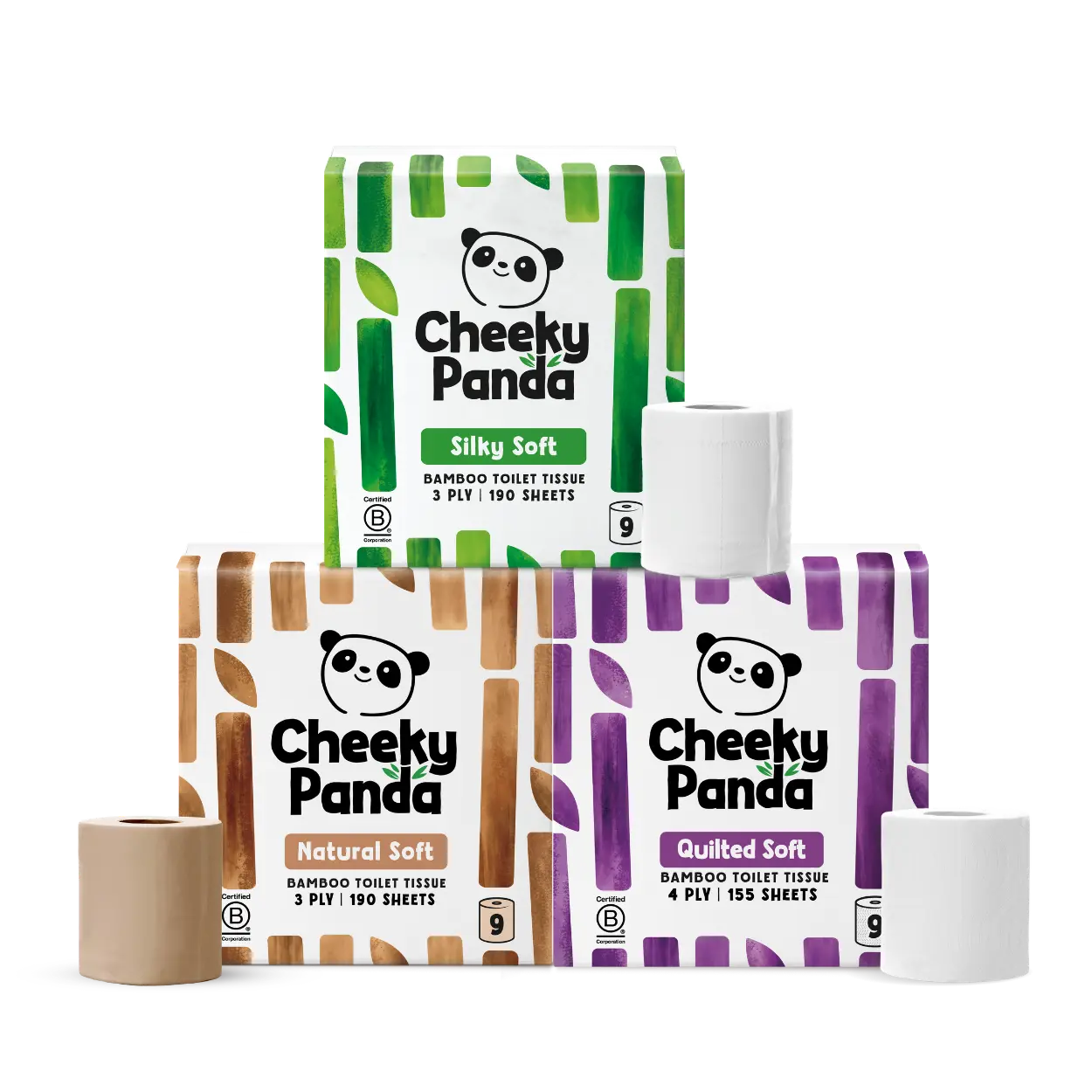 Three rolls of bamboo toilet tissue with their retail boxes arranged on a white background. 