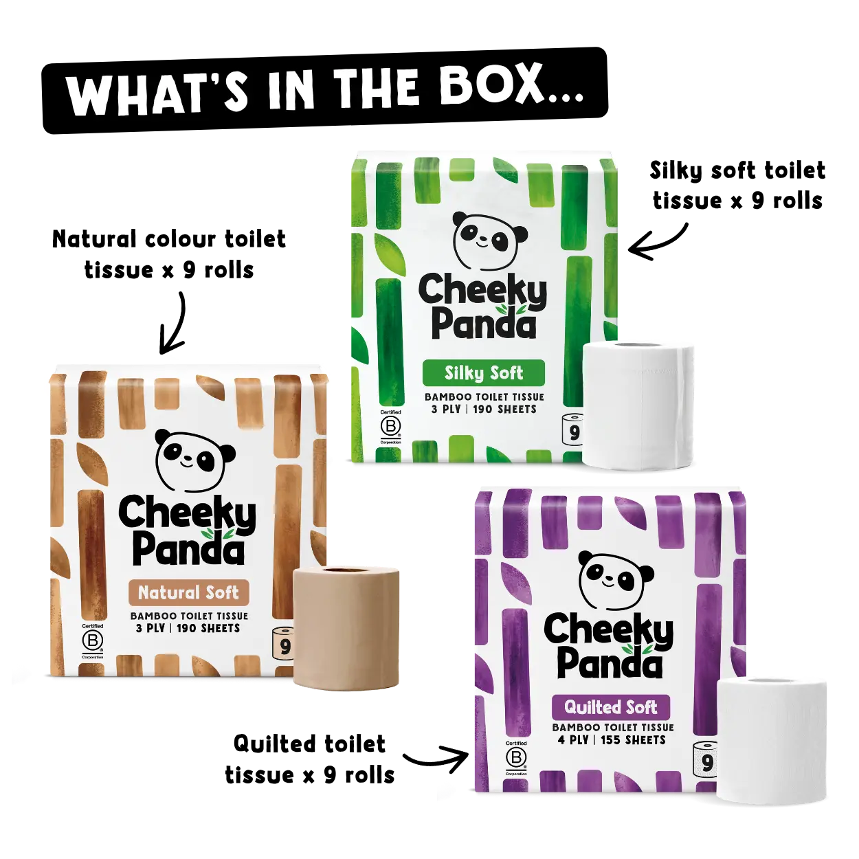 A product bundle box set for Cheeky Panda toilet paper, including three different varieties: Natural Soft bamboo toilet paper, Silky Soft bamboo toilet paper, and Quilted bamboo toilet paper. 