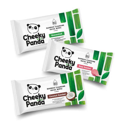 Three packs of Cheeky Panda bamboo facial wipes: unscented, rose scented, and coconut scented.