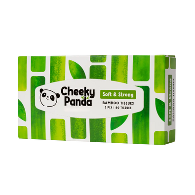 A rectangular box of Cheeky Panda Soft & Strong Bamboo Tissues, featuring a green bamboo leaf pattern on a white background.