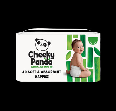 Cheeky Panda nappies packaging with a baby on a white background