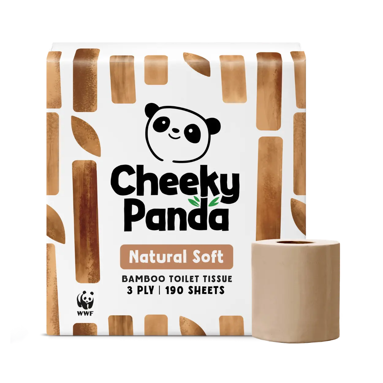 Pack of Cheeky Panda Natural Soft toilet rolls.