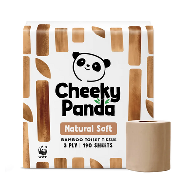 Pack of Cheeky Panda Natural Soft toilet rolls.