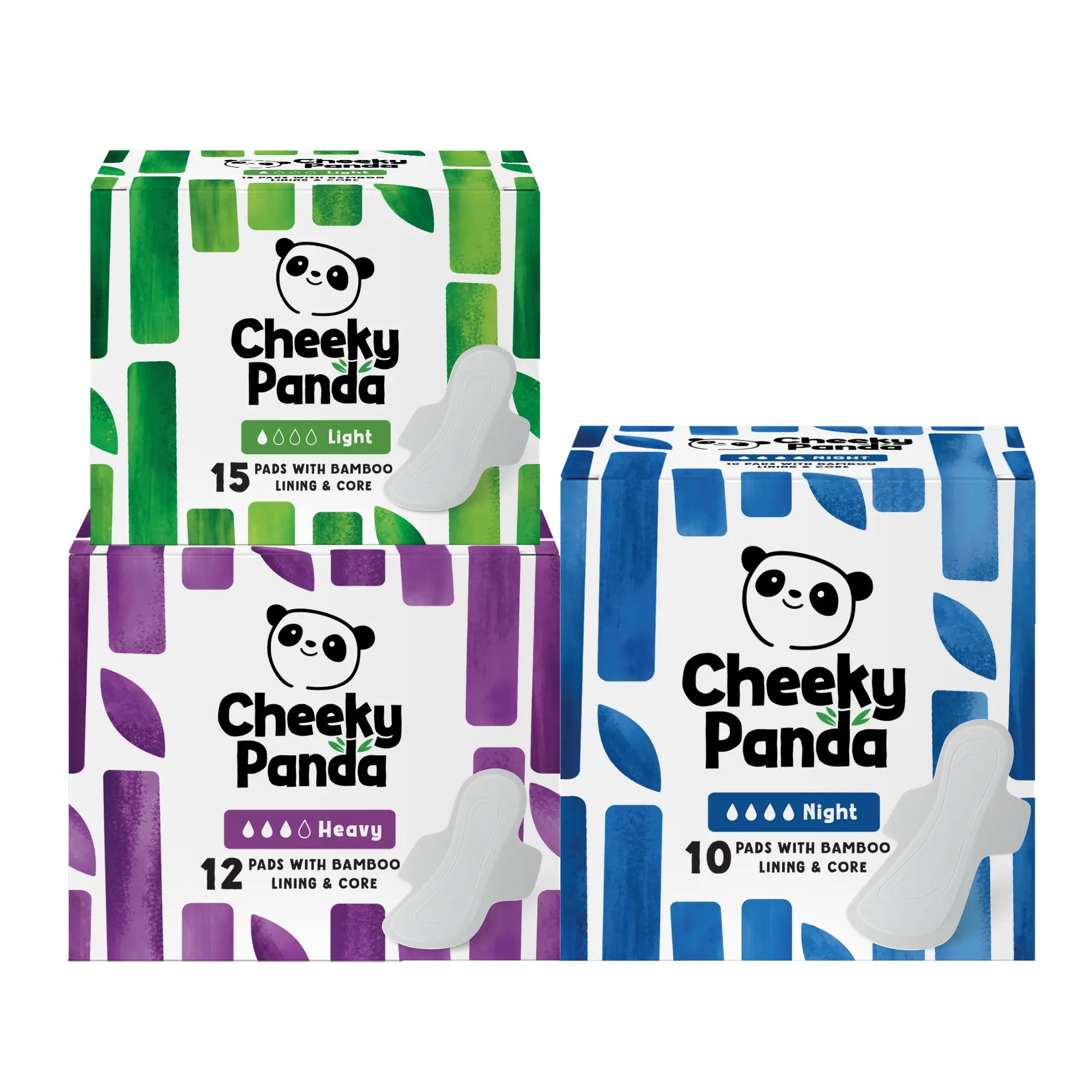 Three boxes of Cheeky Panda bamboo period pads: light, heavy, and night.
