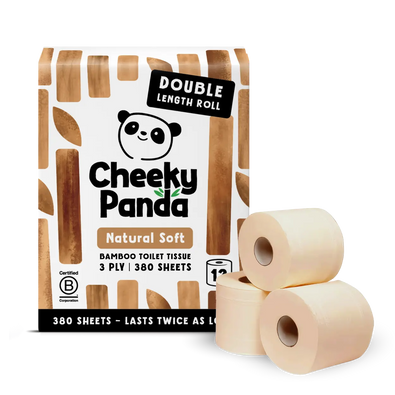 Pack of the Cheeky Panda 380 sheet double roll unbleached toilet paper. Image shows the pack and three rolls.