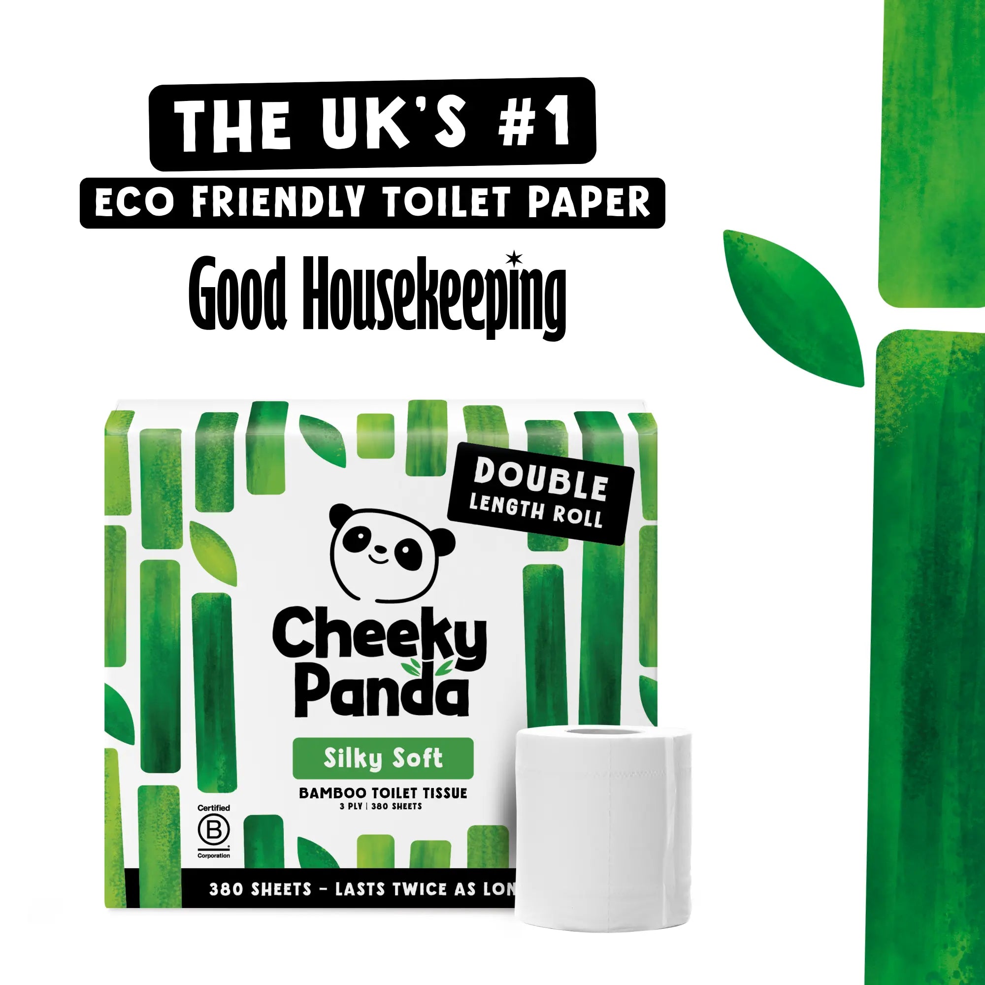 Cheeky Panda Silky Soft bamboo toilet tissue pack with a single roll, highlighted as the UK's #1 eco-friendly toilet paper.