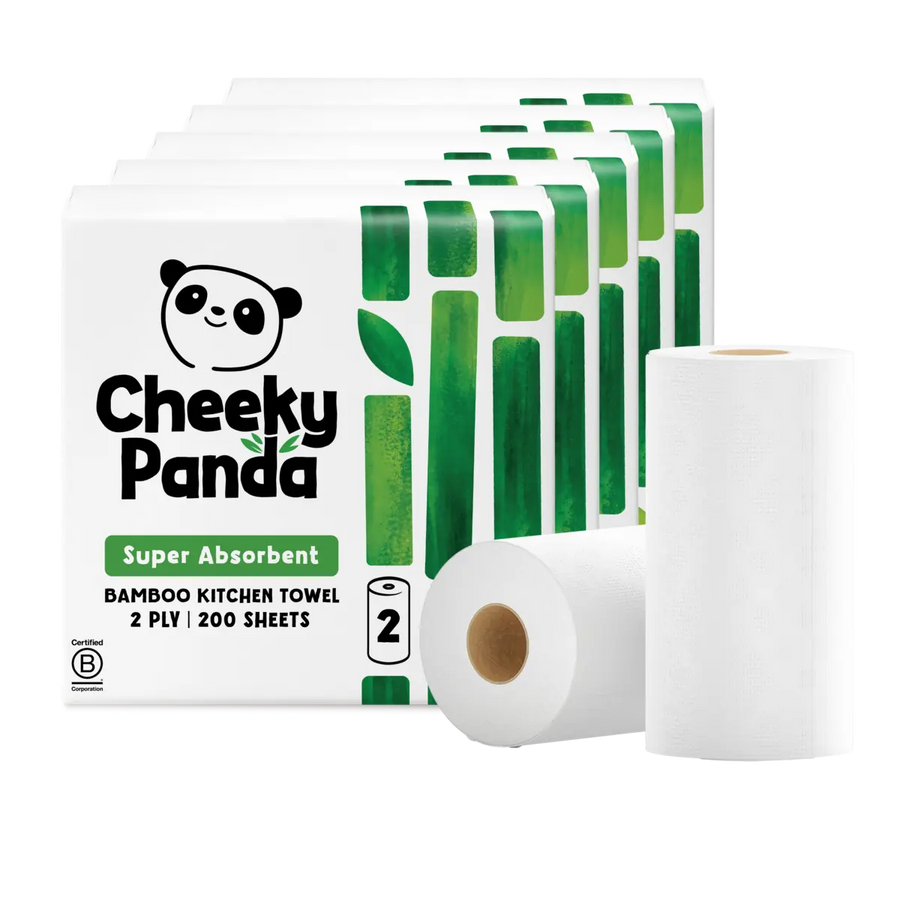 Cheeky Panda bamboo kitchen towel pack showing multiple rolls with green bamboo graphics