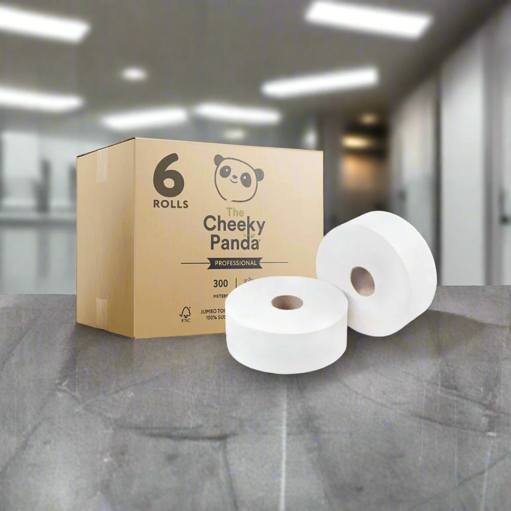 The Cheeky Panda professional jumbo toilet rolls with box in an office setting.