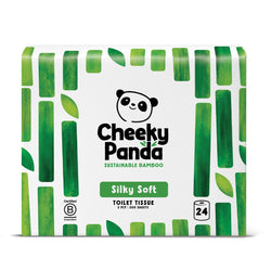 Cheeky Panda sustainable bamboo toilet tissue packaging with green bamboo leaf design on a white background.