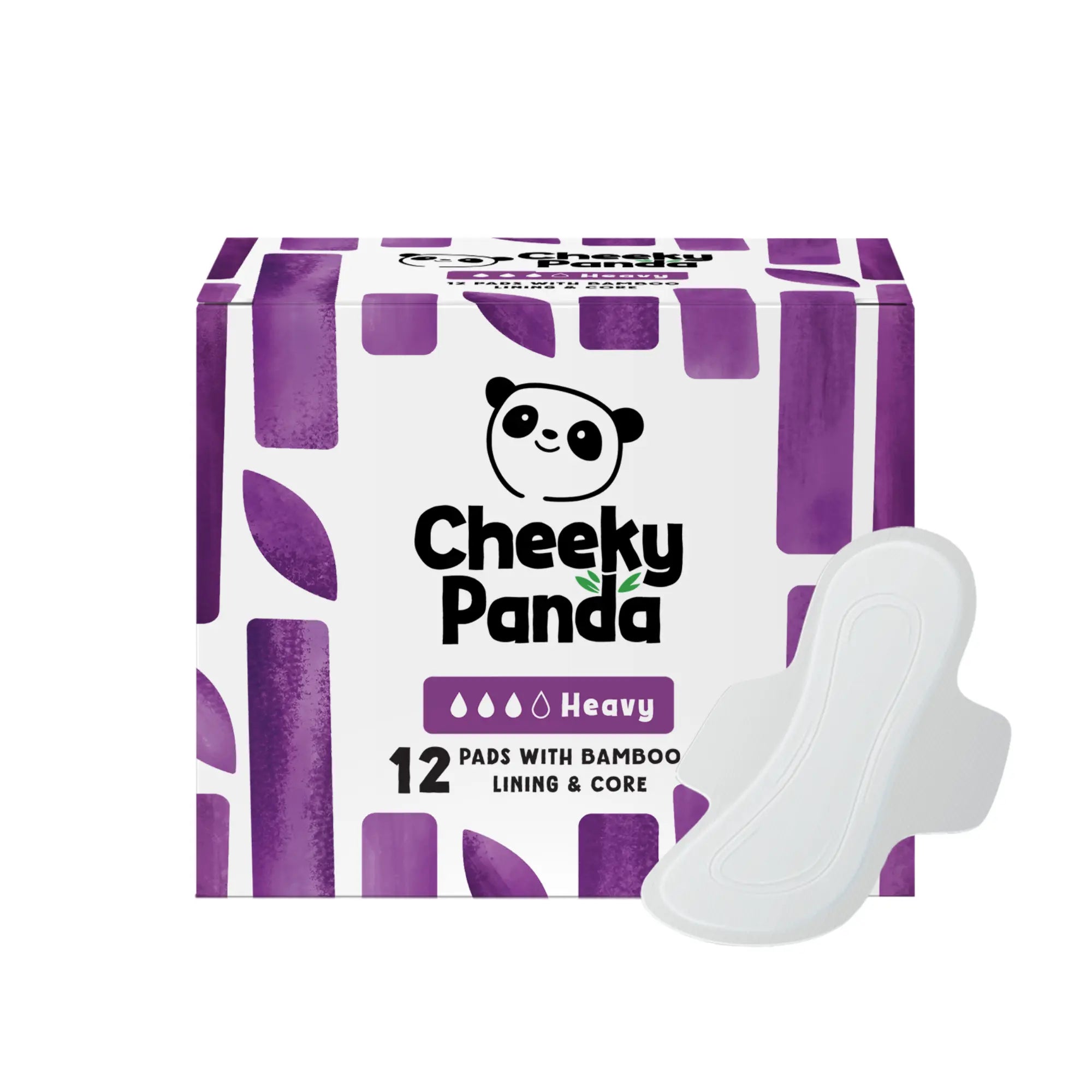 A box of Cheeky Panda heavy flow bamboo period pads with a pad shown outside the box.