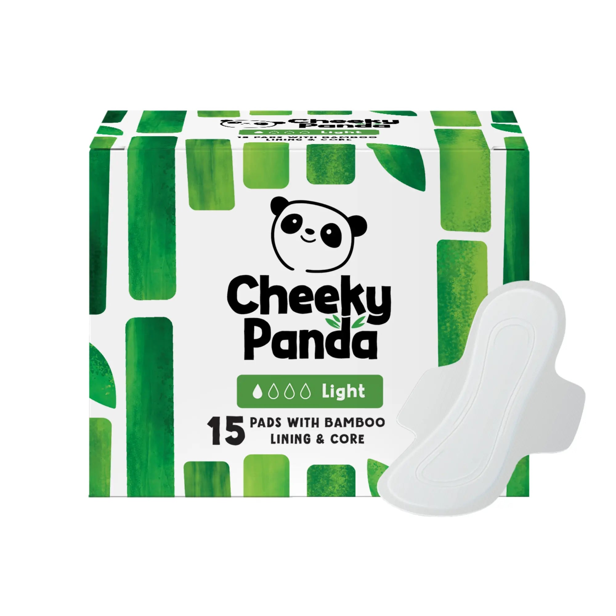 A box of Cheeky Panda light flow bamboo period pads with a pad shown outside the box.