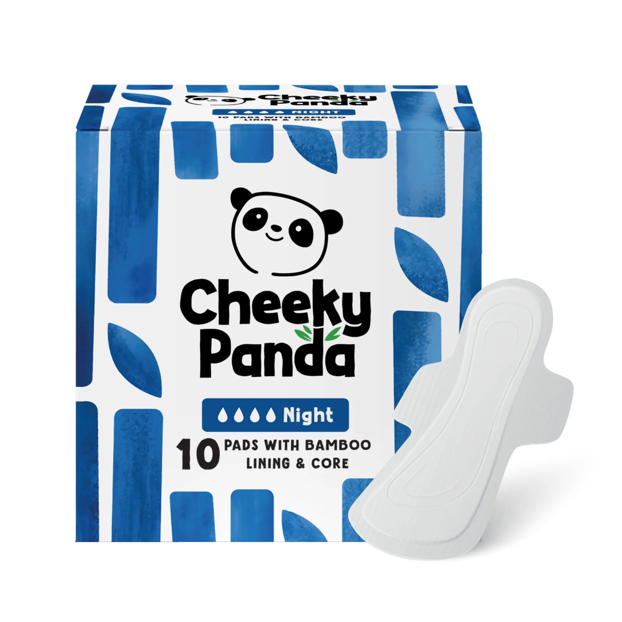 A box of Cheeky Panda night flow bamboo period pads with a pad shown outside the box.