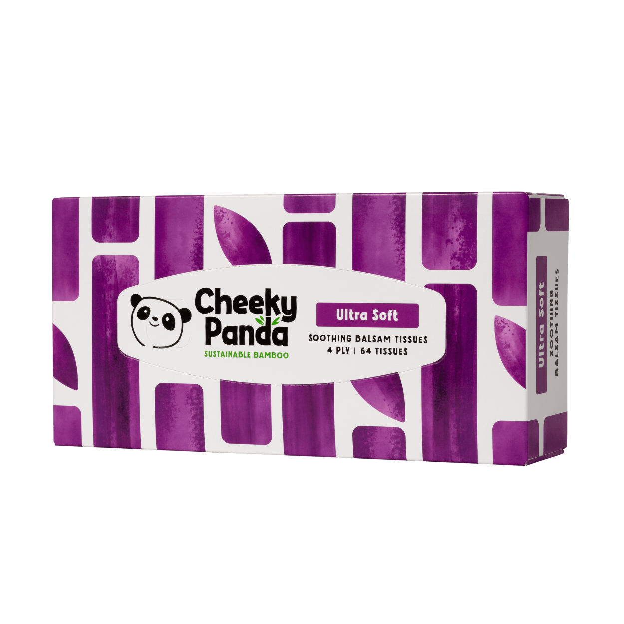 Box of Cheeky Panda ultra soft tissues with purple and white design on a black background