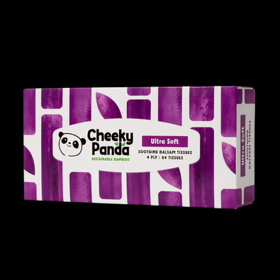 Box of Cheeky Panda ultra soft tissues with purple and white design on a black background