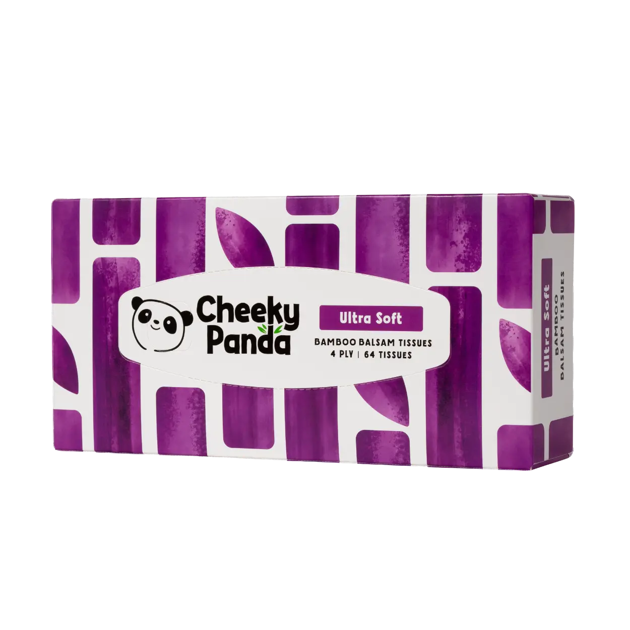 A package of Cheeky Panda Ultra Soft Bamboo Baliam Tissues, 4-pack of 64 tissues, featuring a purple and white geometric pattern with the brand logo on the front.