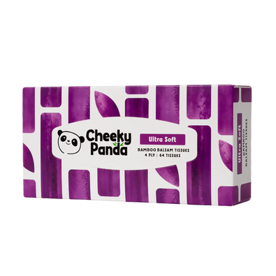 A package of Cheeky Panda Ultra Soft Bamboo Baliam Tissues, 4-pack of 64 tissues, featuring a purple and white geometric pattern with the brand logo on the front.