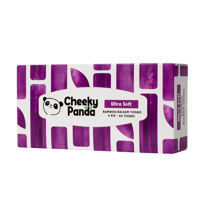 A package of Cheeky Panda Ultra Soft Bamboo Baliam Tissues, 4-pack of 64 tissues, featuring a purple and white geometric pattern with the brand logo on the front.