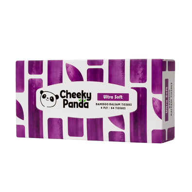 A single box of Cheeky Panda Ultra Soft bamboo balsam tissues with purple and white design.