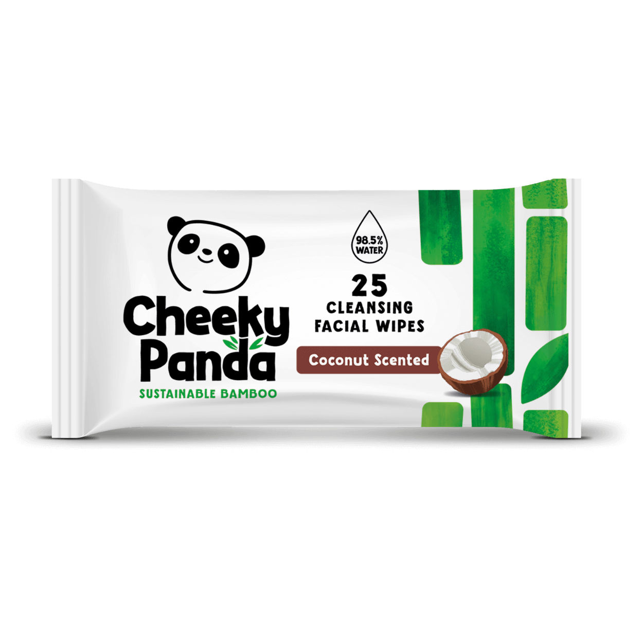 Pack of Cheeky Panda coconut scented cleansing facial wipes on a black background