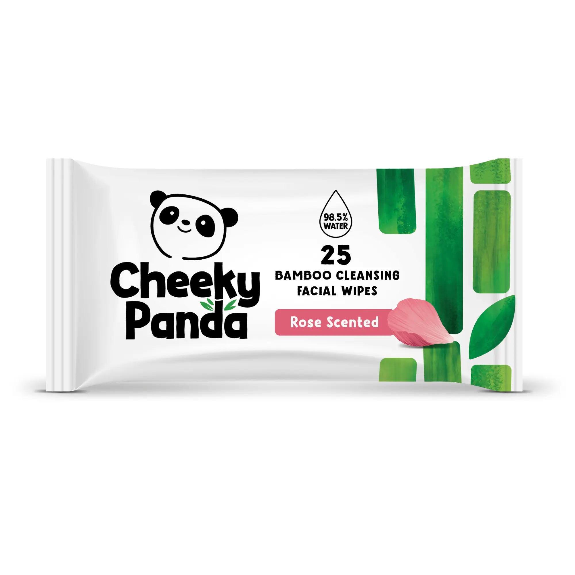 A single pack of Cheeky Panda rose scented bamboo cleansing facial wipes.