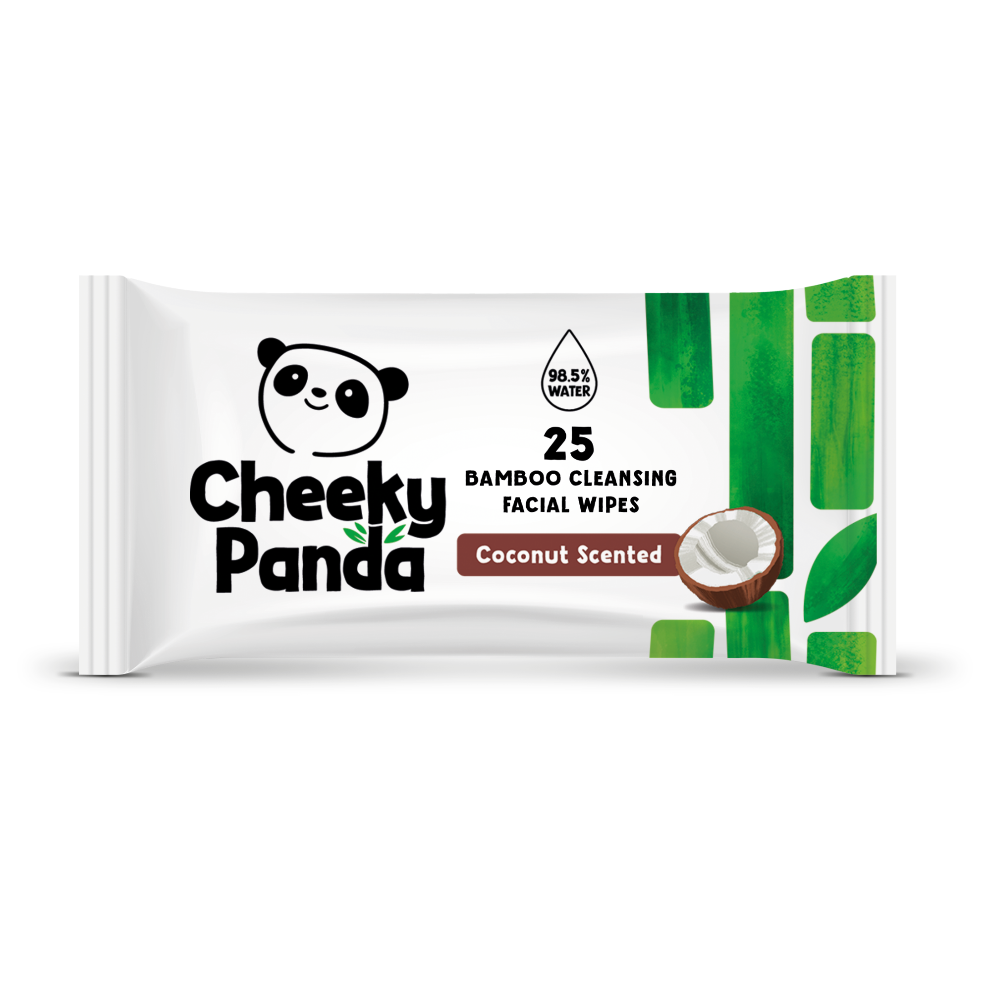 A single pack of Cheeky Panda coconut scented bamboo cleansing facial wipes.